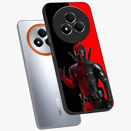 Red & Black Deadpool Theme Glass Case displayed in angled mockup highlighting vibrant superhero style illustration with action aesthetic.