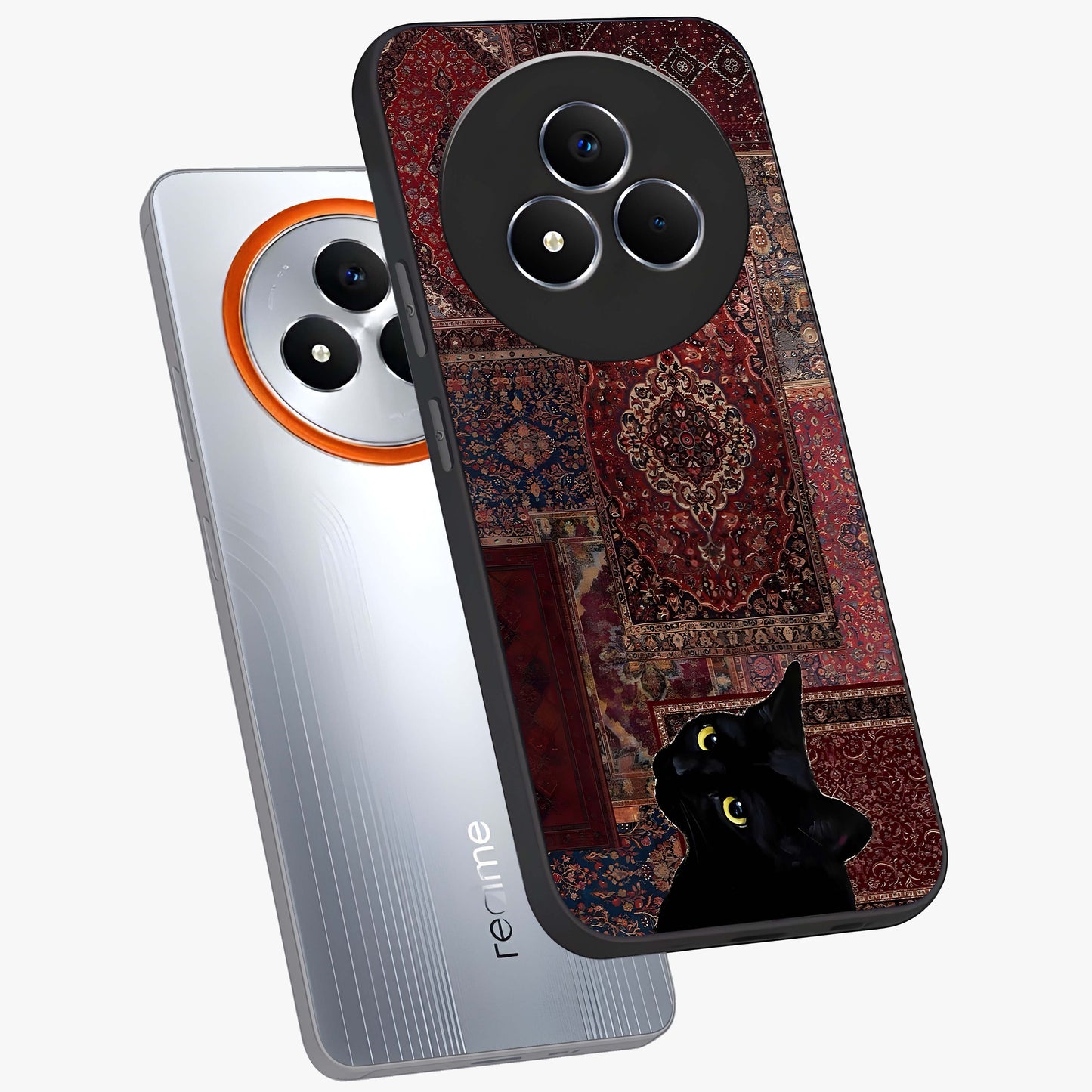 Regal Magic Cat Apple Glass Case displayed in angled mockup highlighting whimsical feline design with fantasy aesthetic.