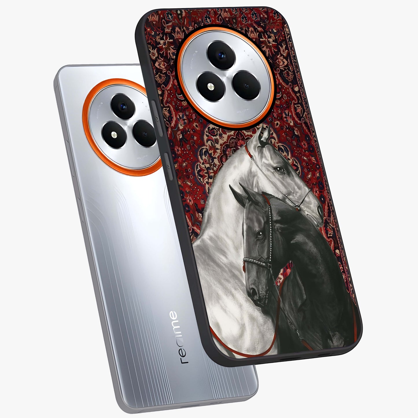 Regal Stallion Tapestry Glass Case displayed in angled mockup highlighting royal stallion design with decorative heritage aesthetic.