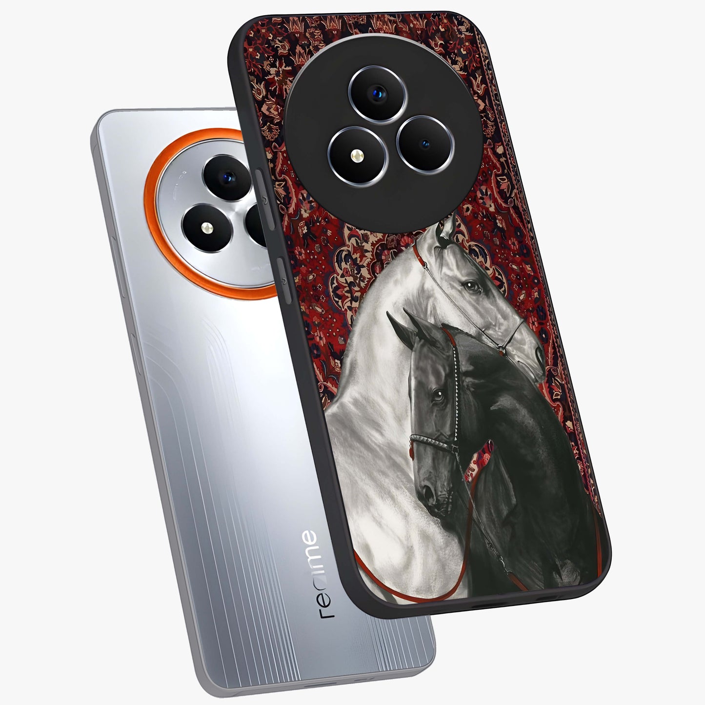 Regal Stallion Tapestry Glass Case displayed in angled mockup highlighting royal stallion design with decorative heritage aesthetic.