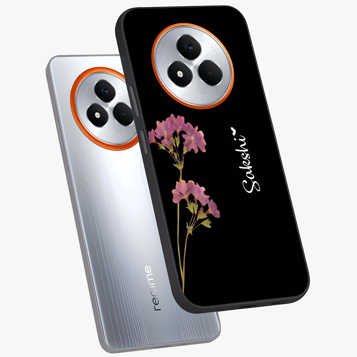 Riching Lavender Flower Custom Name Glass Case displayed in angled mockup highlighting delicate lavender flower design with custom name feature.