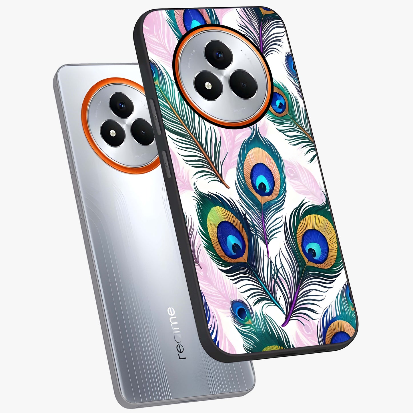 Royal Peacock Feathers Glass Case displayed in angled mockup highlighting vibrant feather pattern with regal aesthetic style.