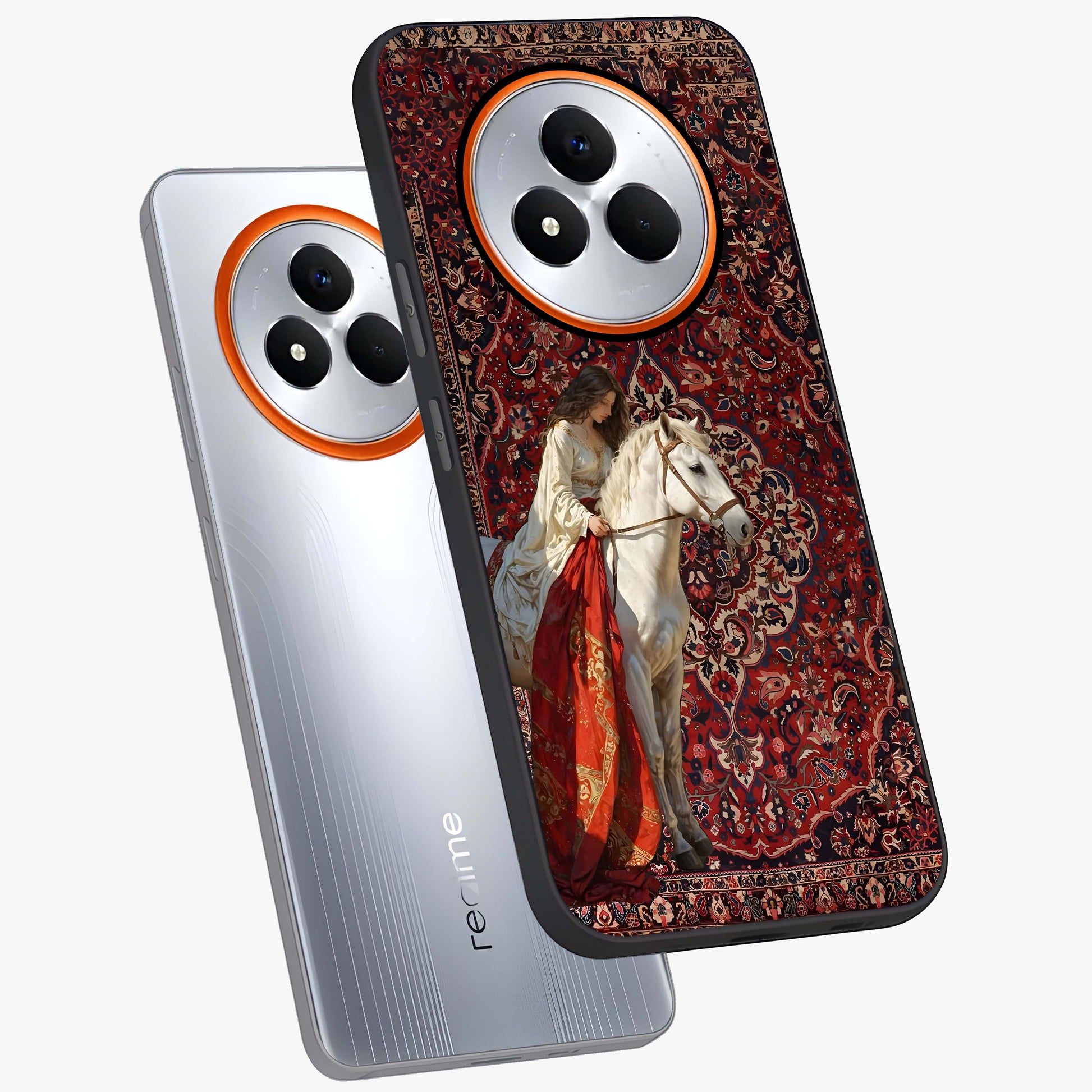 Royal Rider Tapestry Glass Case displayed in angled mockup highlighting traditional tapestry design with royal heritage aesthetic.