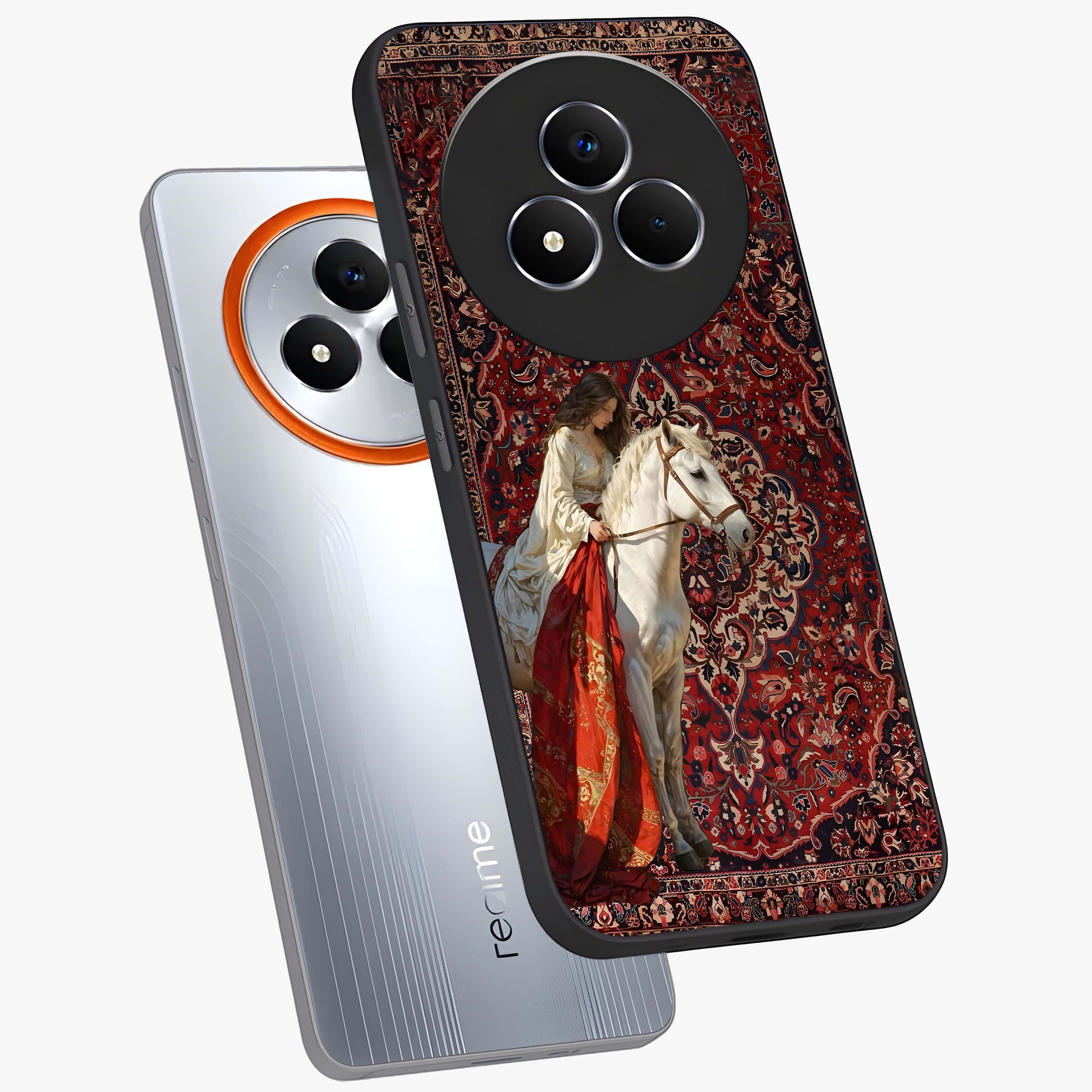 Royal Rider Tapestry Glass Case displayed in angled mockup highlighting traditional tapestry design with royal heritage aesthetic.