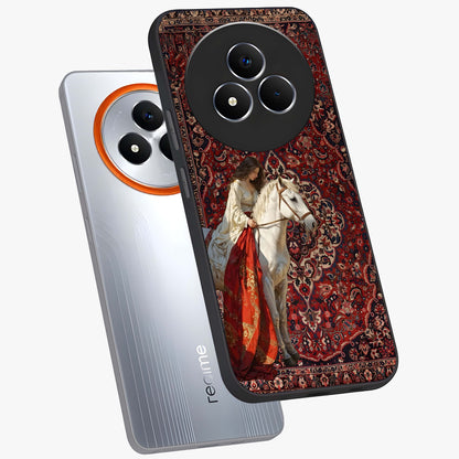 Royal Rider Tapestry Glass Case displayed in angled mockup highlighting traditional tapestry design with royal heritage aesthetic.