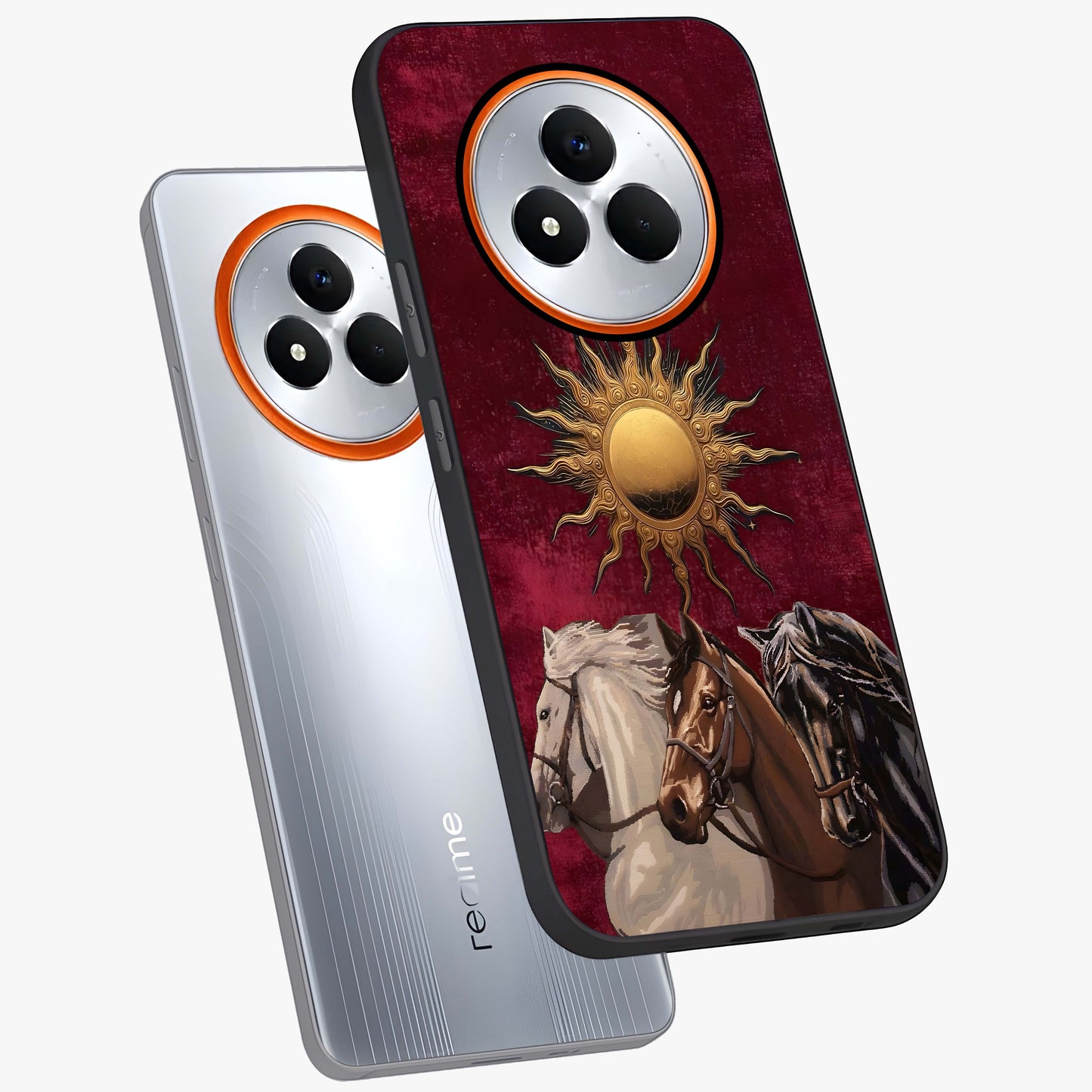 Solar Riders Glass Case displayed in angled mockup highlighting powerful rider illustration with radiant solar aesthetic.