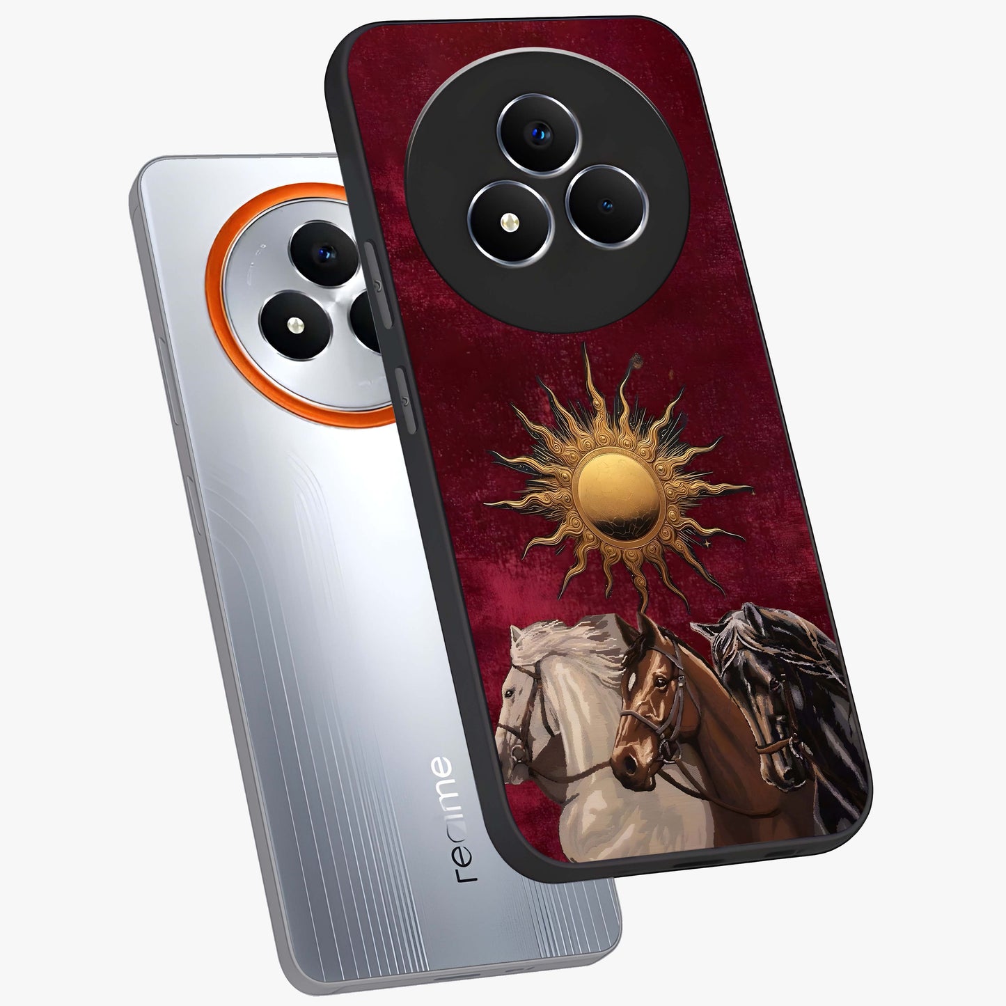 Solar Riders Glass Case displayed in angled mockup highlighting powerful rider illustration with radiant solar aesthetic.