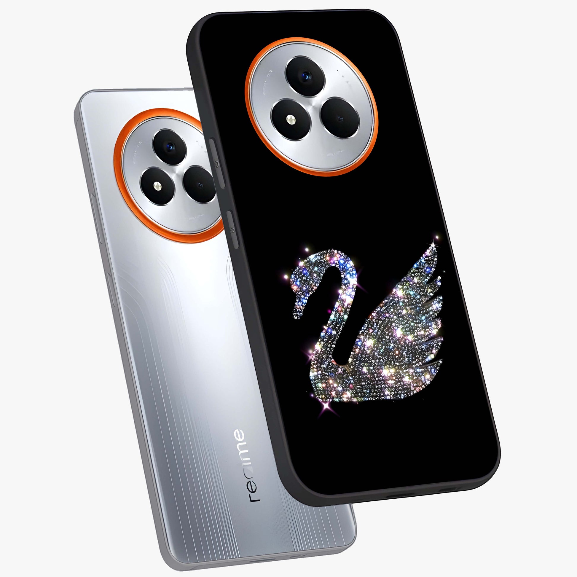 Starlit Swan Grace Glass Case displayed in angled mockup highlighting elegant swan illustration with dreamy celestial aesthetic.
