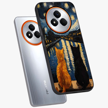 Starry River Cats Glass Case displayed in angled mockup highlighting charming feline illustration with dreamy night aesthetic.
