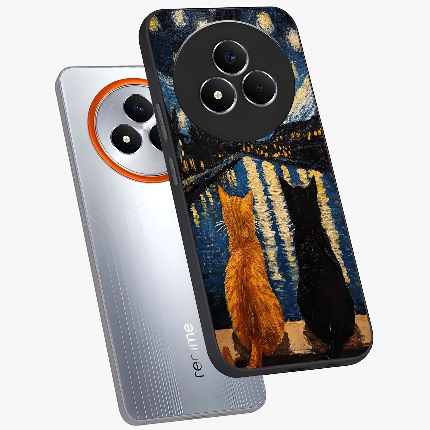 Starry River Cats Glass Case displayed in angled mockup highlighting charming feline illustration with dreamy night aesthetic.