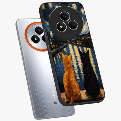 Starry River Cats Glass Case displayed in angled mockup highlighting charming feline illustration with dreamy night aesthetic.