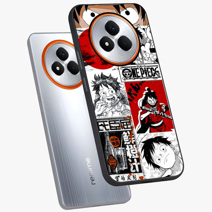Strawhat Chaos Panels Glass Case displayed in angled mockup highlighting vibrant anime collage design with action aesthetic.