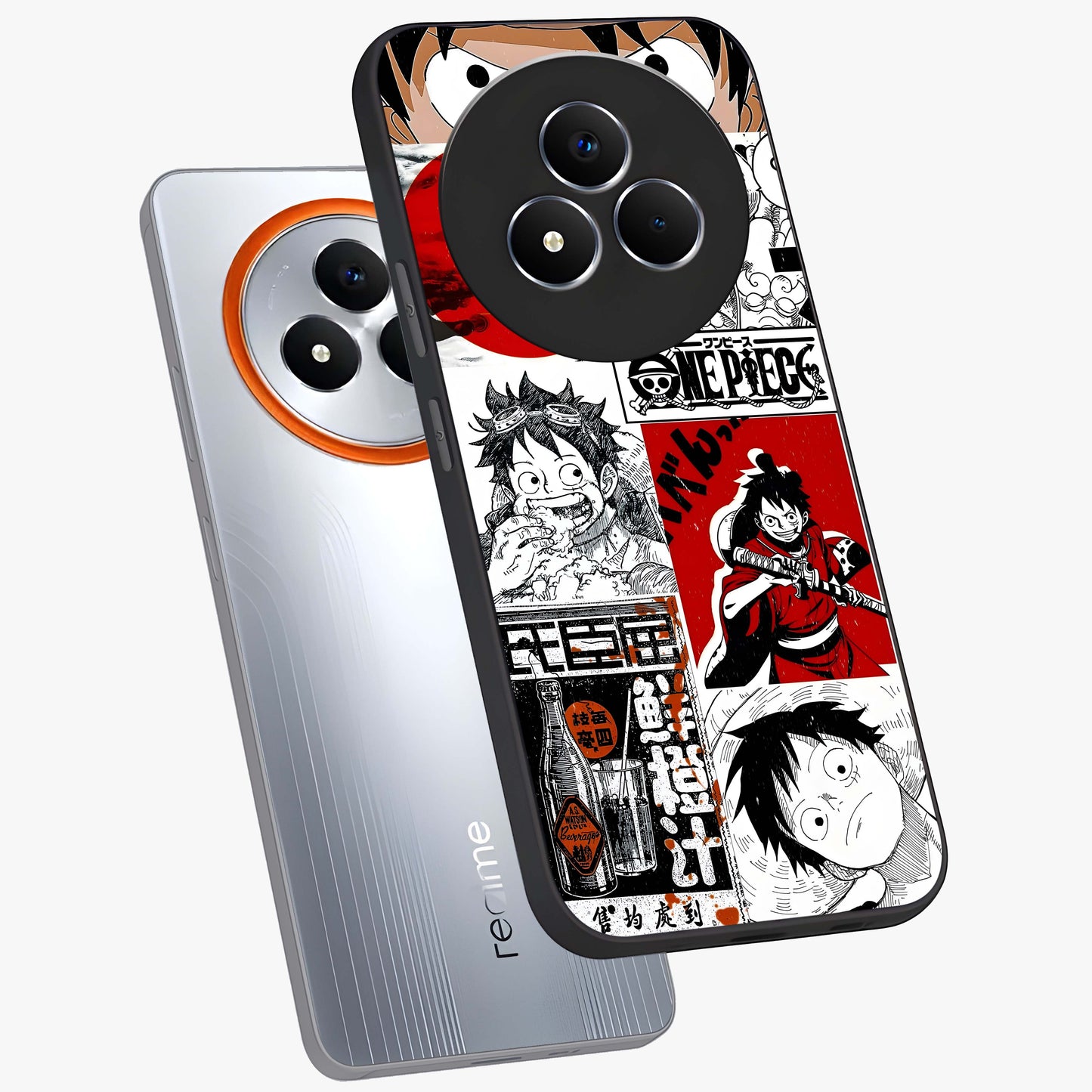 Strawhat Chaos Panels Glass Case displayed in angled mockup highlighting vibrant anime collage design with action aesthetic.