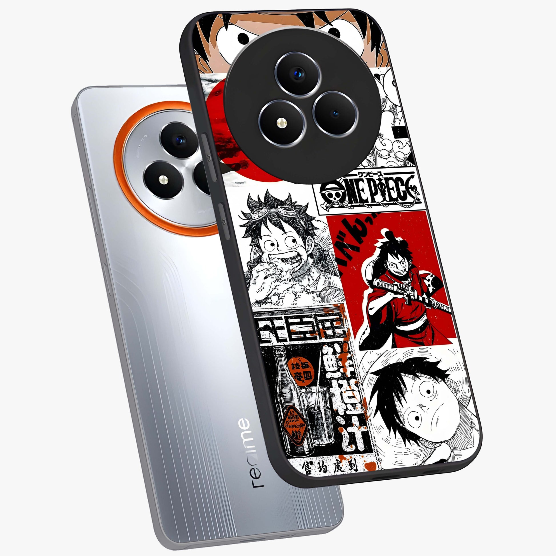 Strawhat Chaos Panels Glass Case displayed in angled mockup highlighting vibrant anime collage design with action aesthetic.