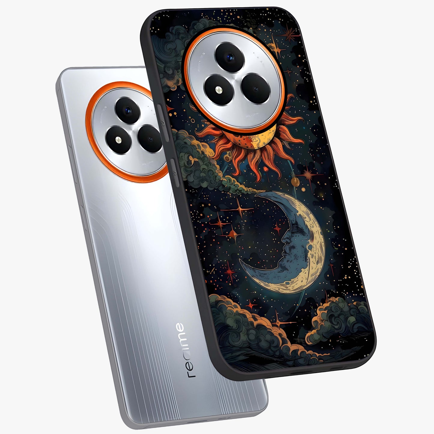 Sun And Moon Magic Design Glass Case displayed in angled mockup highlighting celestial design with magical cosmic aesthetic.