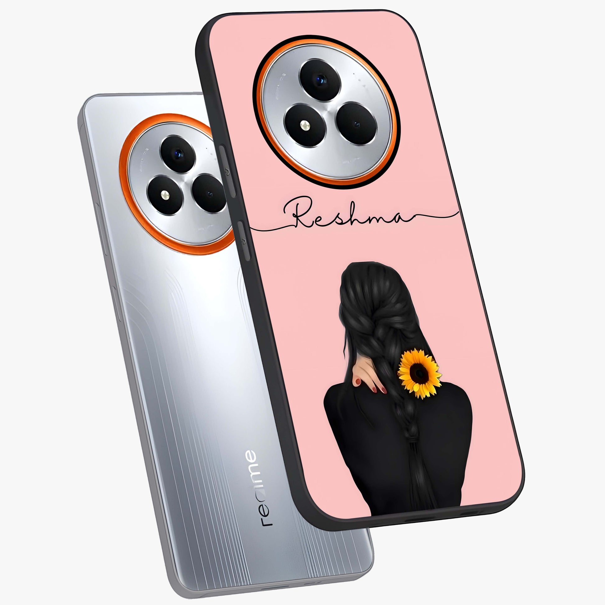 Sunflower Braid Beauty With Custom Name Glass Case displayed in angled mockup highlighting elegant sunflower design with custom name feature.