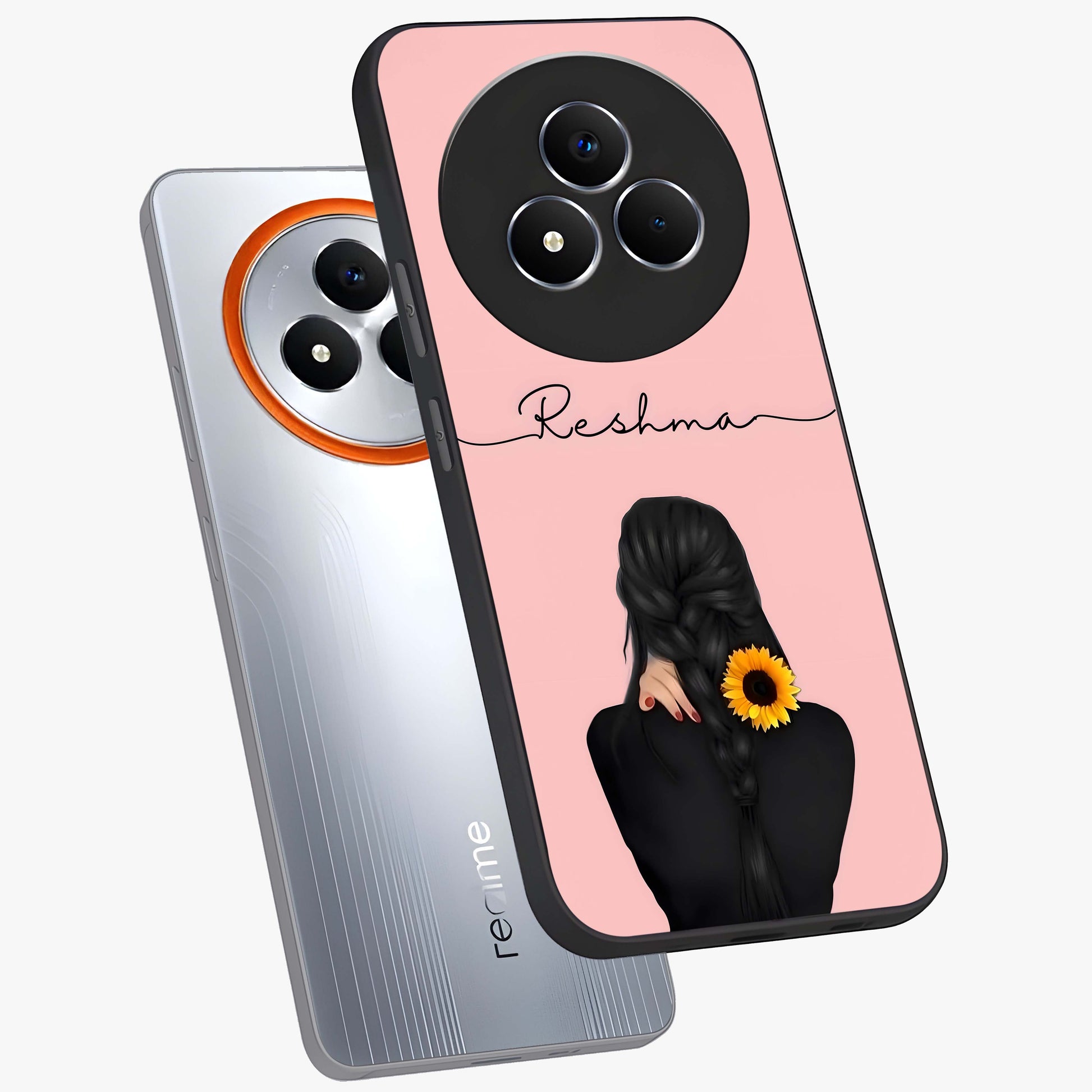 Sunflower Braid Beauty With Custom Name Glass Case displayed in angled mockup highlighting elegant sunflower design with custom name feature.