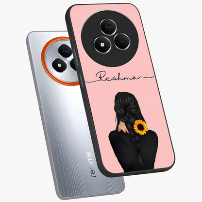 Sunflower Braid Beauty With Custom Name Glass Case displayed in angled mockup highlighting elegant sunflower design with custom name feature.