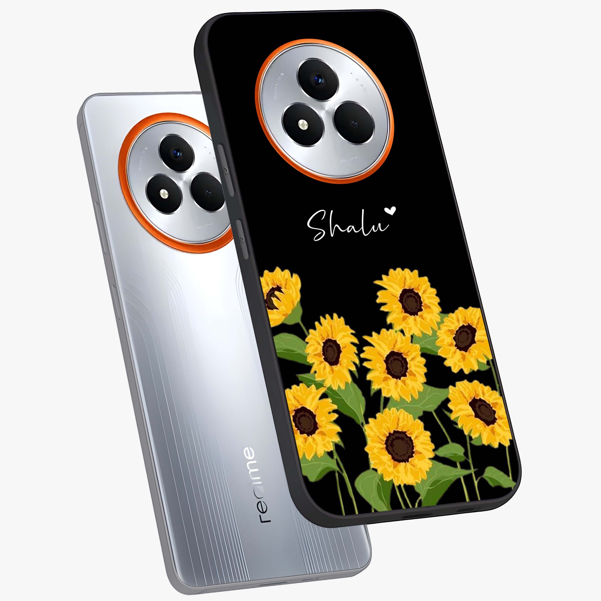 Sunflower Chic Mood Custom Name Glass Case displayed in angled mockup highlighting vibrant sunflower design with custom name feature.