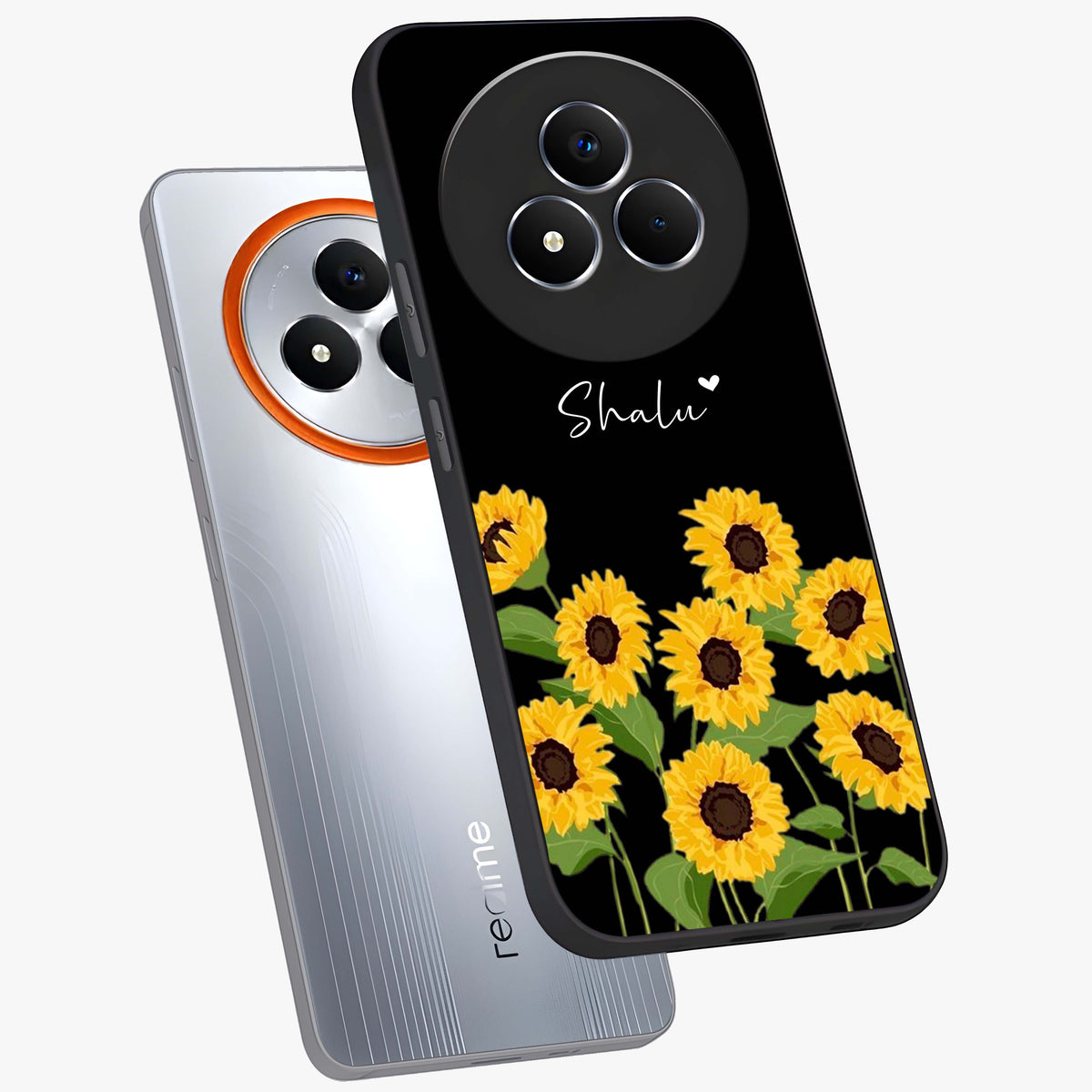 Sunflower Chic Mood Custom Name Glass Case displayed in angled mockup highlighting vibrant sunflower design with custom name feature.
