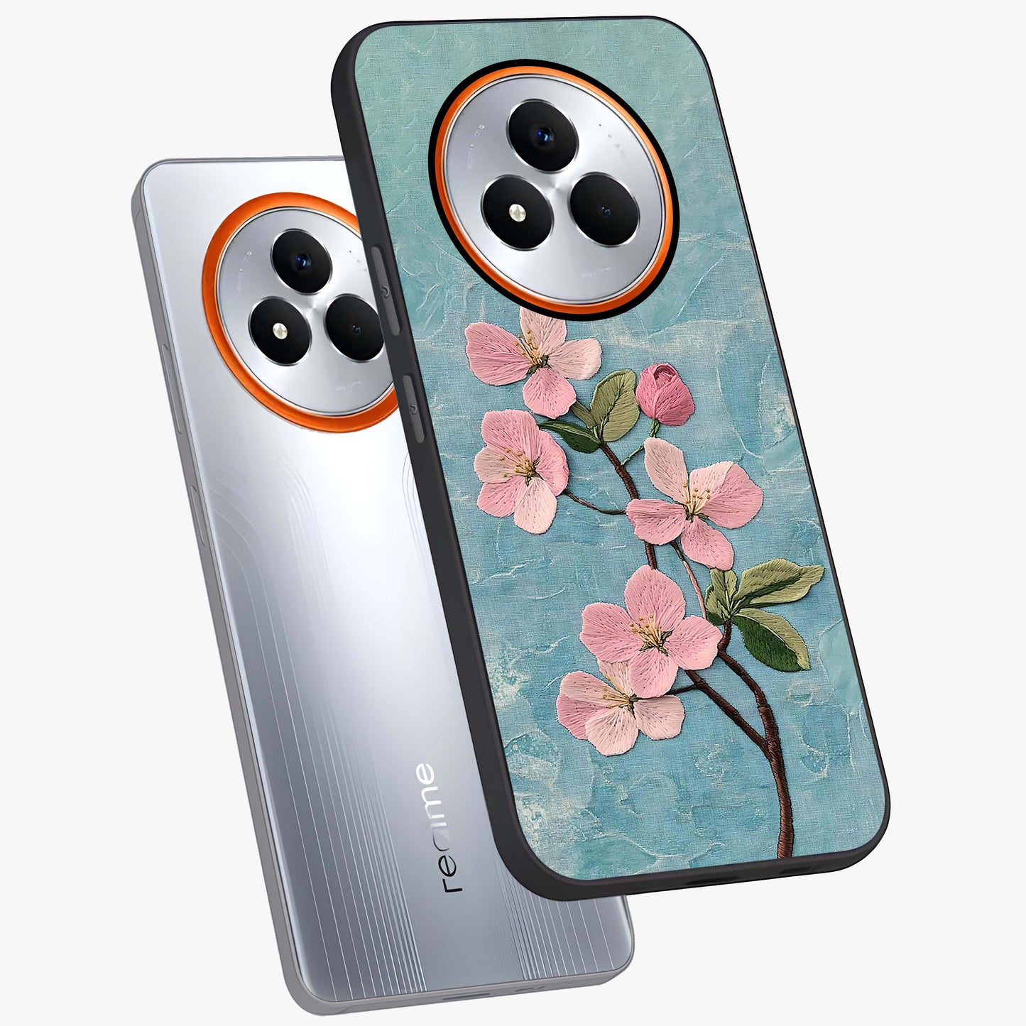 Threaded Blossom Breeze Glass Case displayed in angled mockup highlighting elegant floral design with soft aesthetic style.
