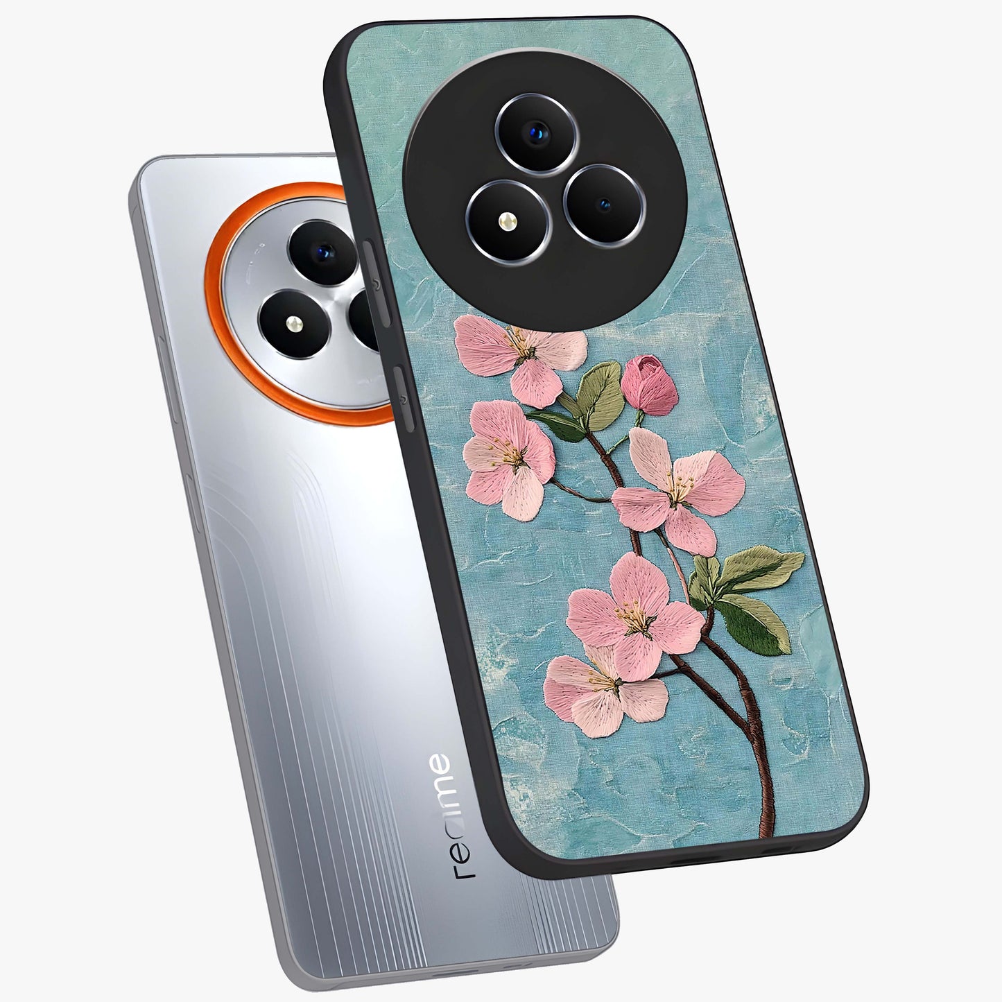 Threaded Blossom Breeze Glass Case displayed in angled mockup highlighting elegant floral design with soft aesthetic style.