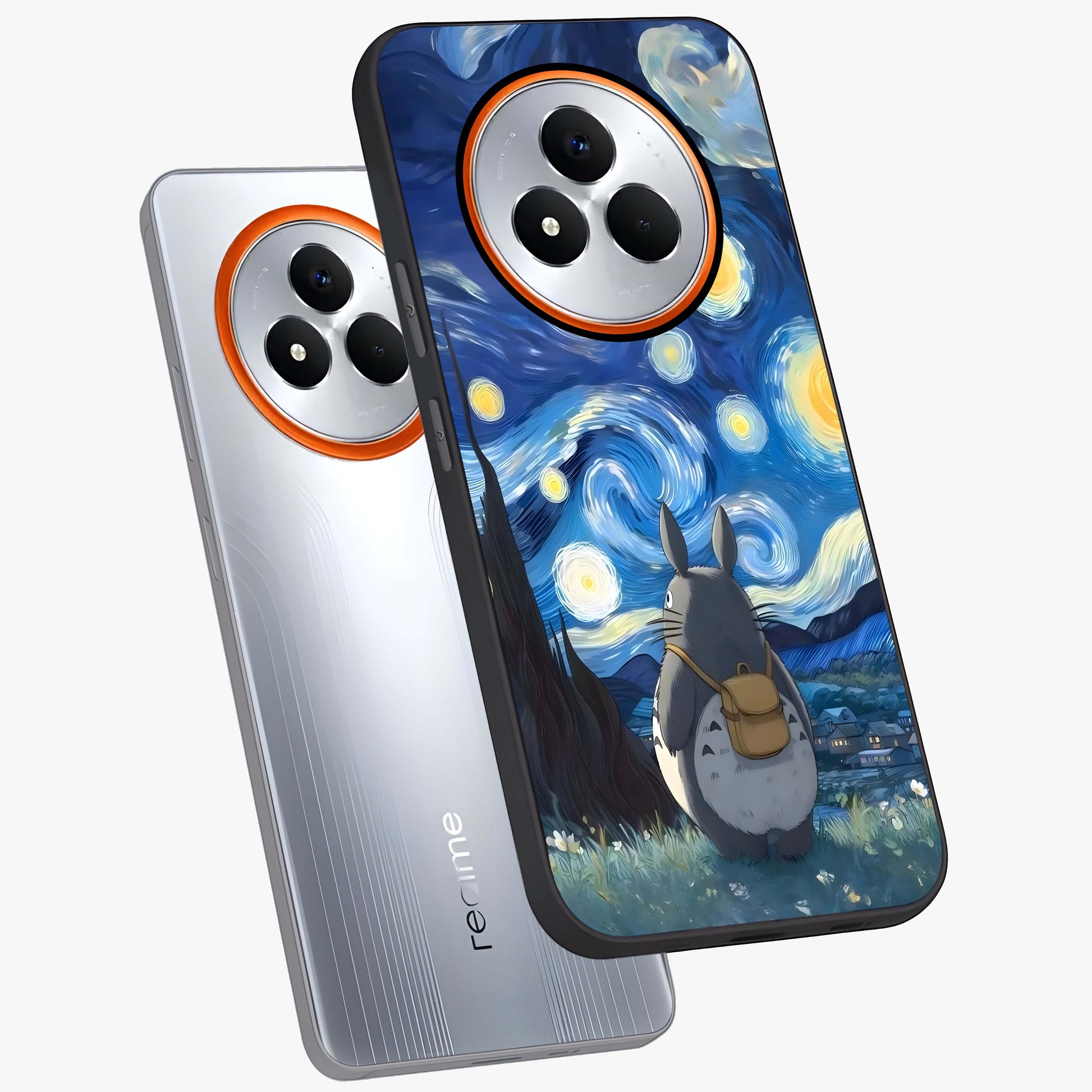 Totoro In Van Gogh Art Glass Case displayed in angled mockup highlighting artistic swirling sky design with playful animation aesthetic.