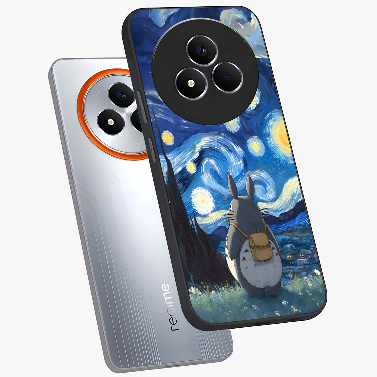 Totoro In Van Gogh Art Glass Case displayed in angled mockup highlighting artistic swirling sky design with playful animation aesthetic.