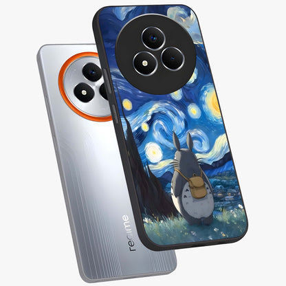 Totoro In Van Gogh Art Glass Case displayed in angled mockup highlighting artistic swirling sky design with playful animation aesthetic.