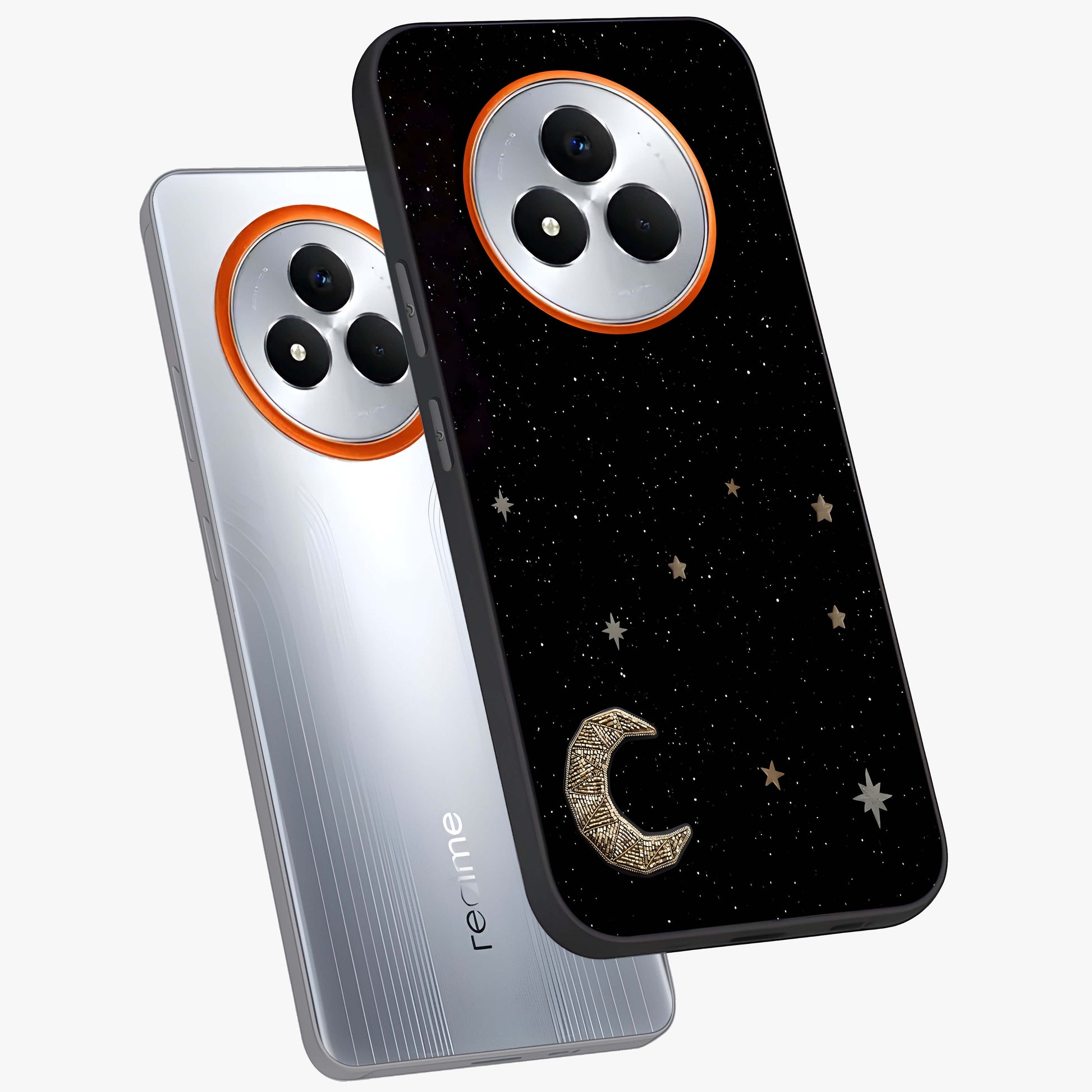 Twinkle Star With Half Moon Glass Case displayed in angled mockup highlighting celestial moon and star design with magical aesthetic.