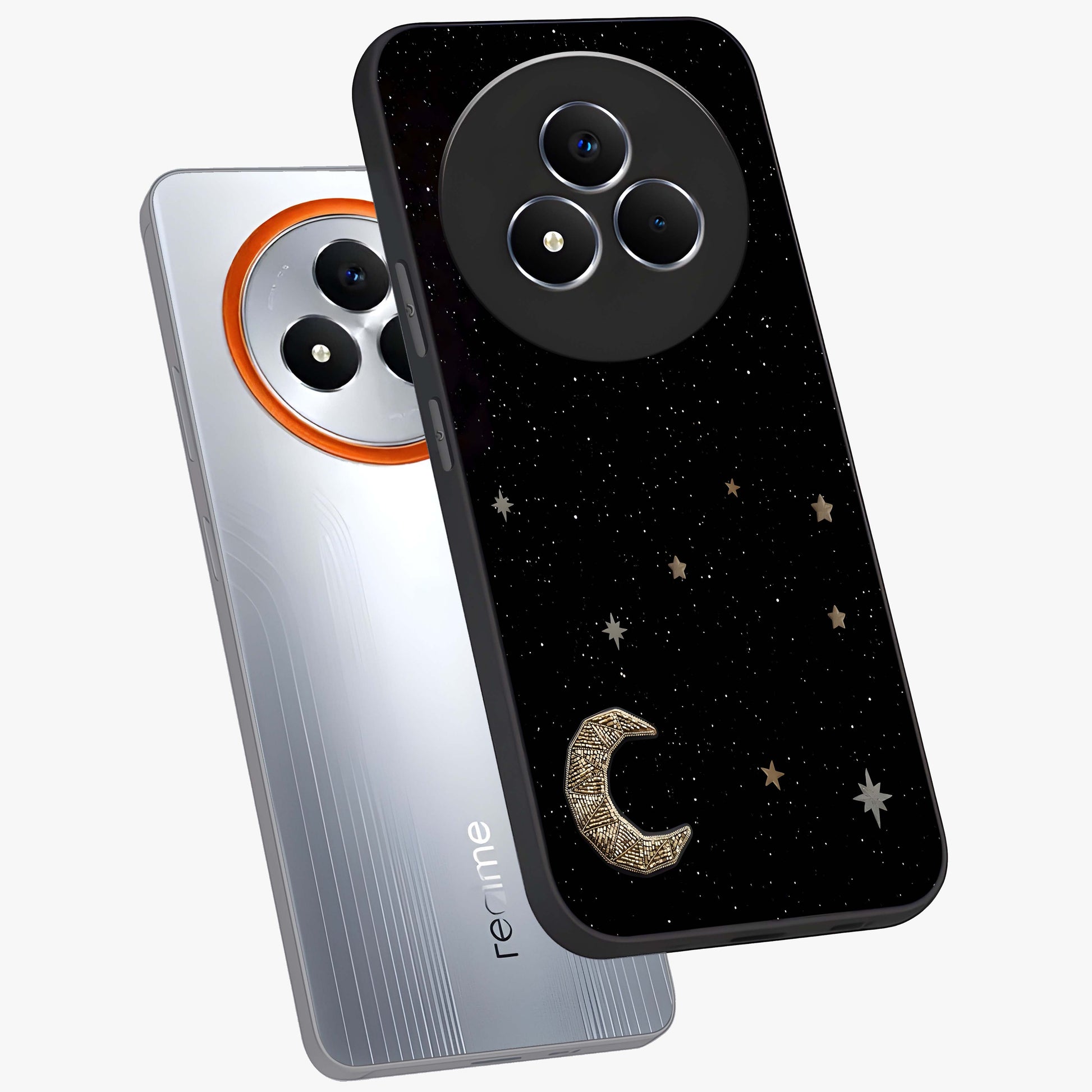 Twinkle Star With Half Moon Glass Case displayed in angled mockup highlighting celestial moon and star design with magical aesthetic.
