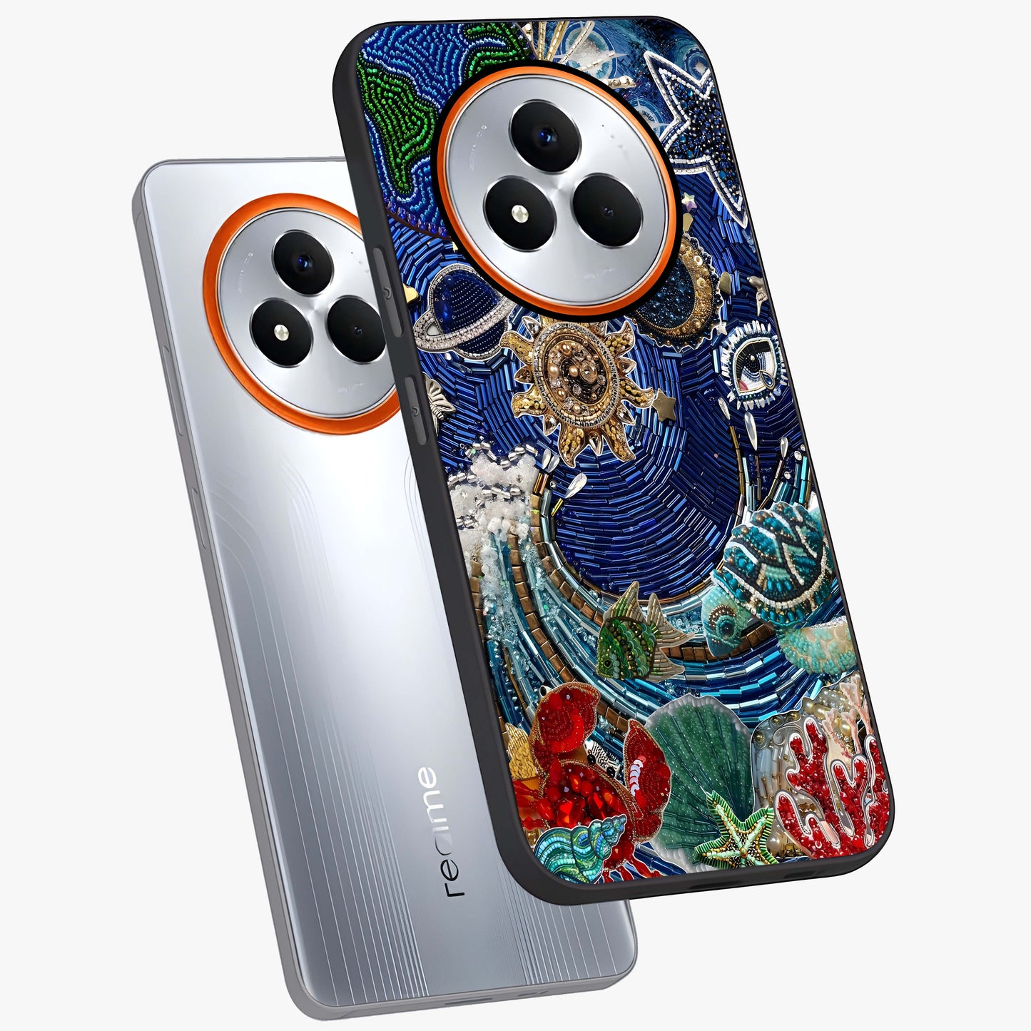 Universe Underwater Spark Glass Case displayed in angled mockup highlighting glowing aquatic design with celestial aesthetic.