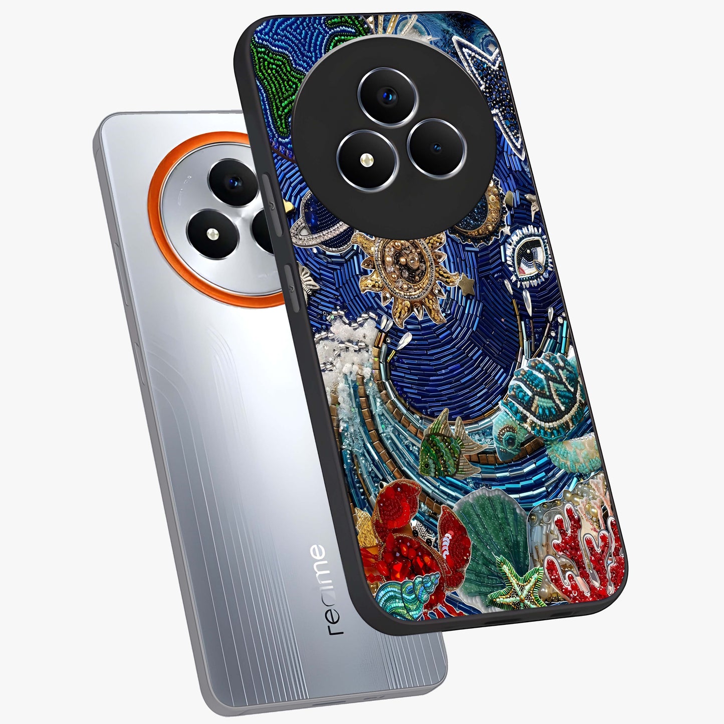 Universe Underwater Spark Glass Case displayed in angled mockup highlighting glowing aquatic design with celestial aesthetic.