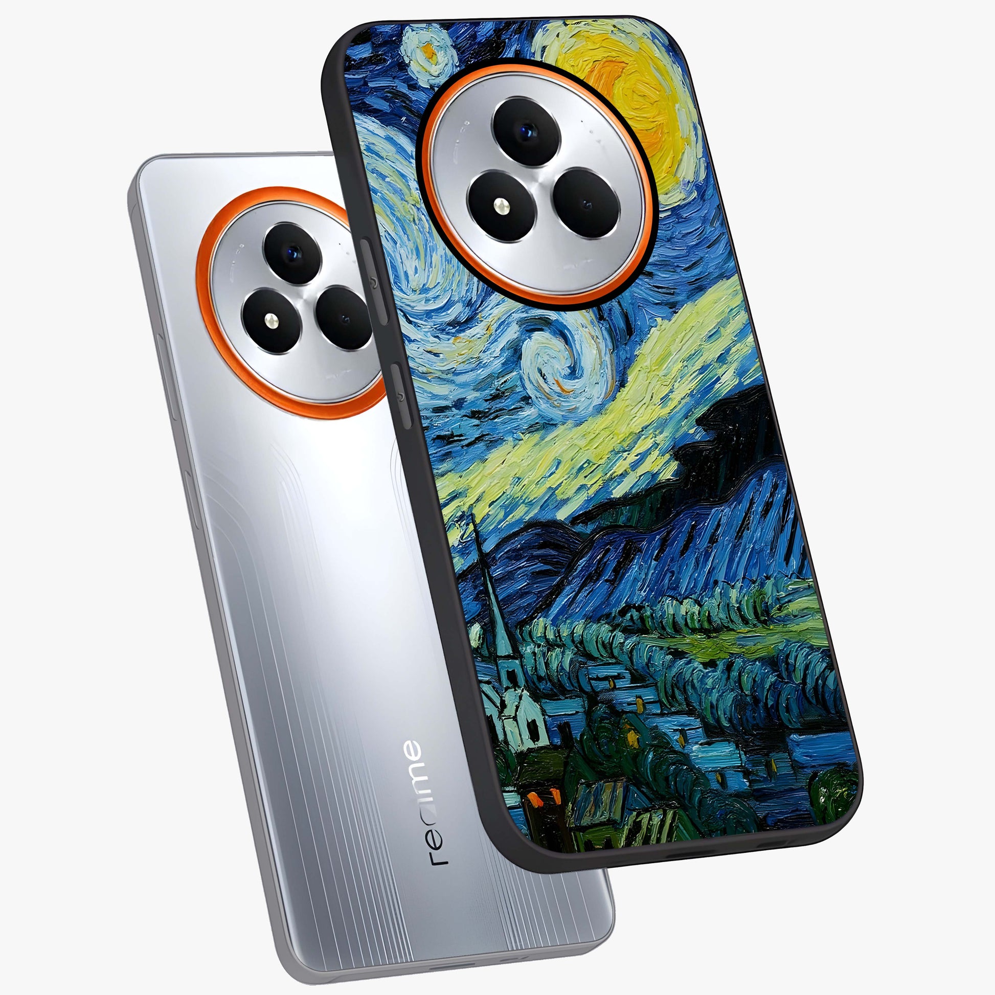 Van Gogh Art Glass Case displayed in angled mockup highlighting swirling brushstroke design with artistic aesthetic.