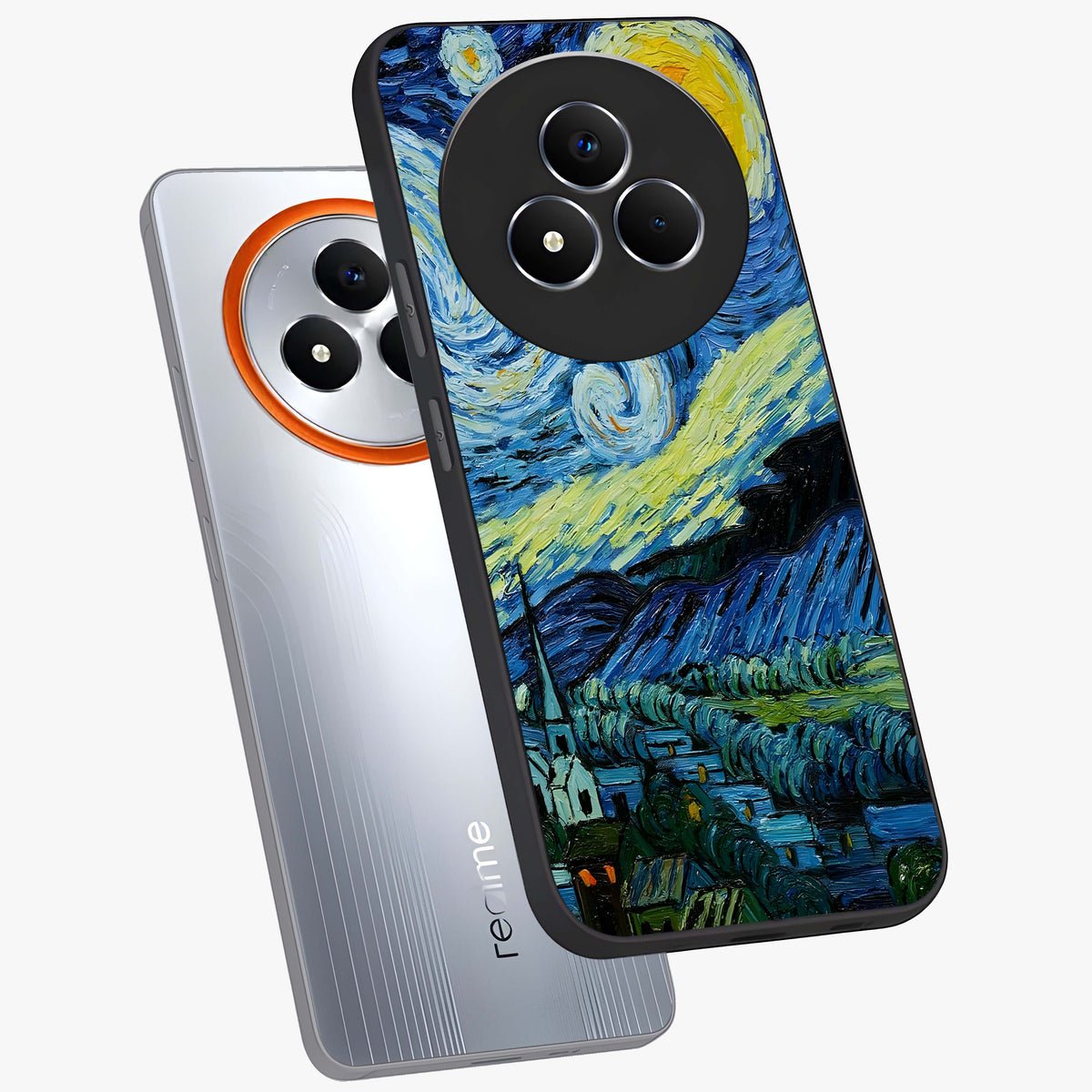 Van Gogh Art Glass Case displayed in angled mockup highlighting swirling brushstroke design with artistic aesthetic.