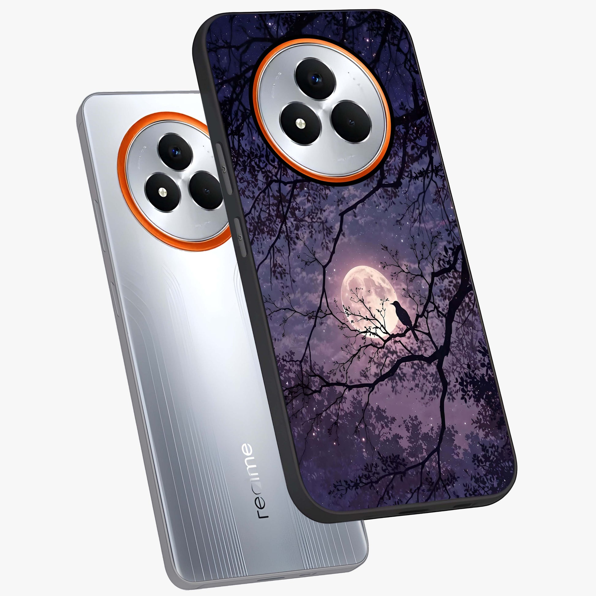 Whispering Moon Silence Glass Case displayed in angled mockup highlighting calm lunar design with dreamy night aesthetic.