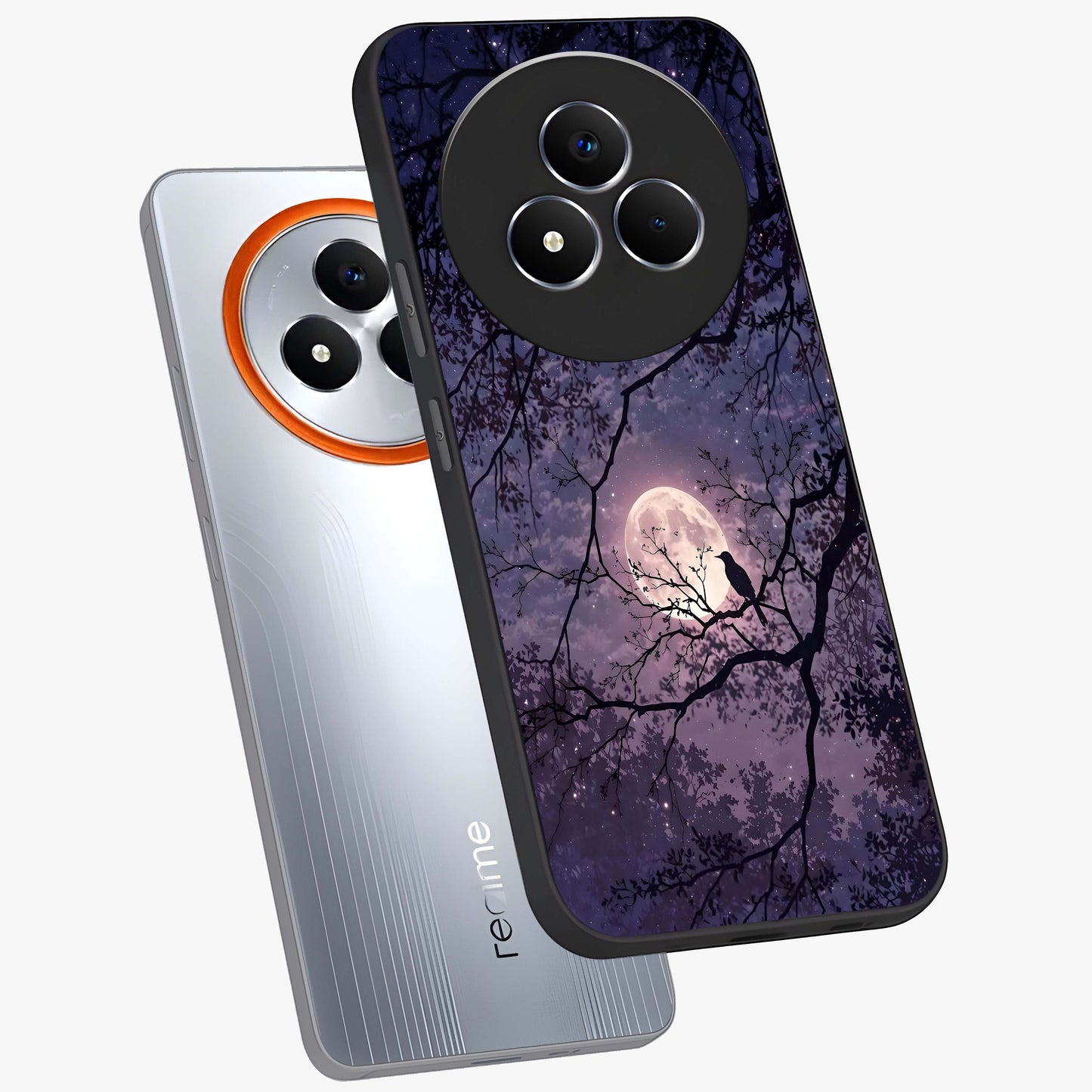 Whispering Moon Silence Glass Case displayed in angled mockup highlighting calm lunar design with dreamy night aesthetic.