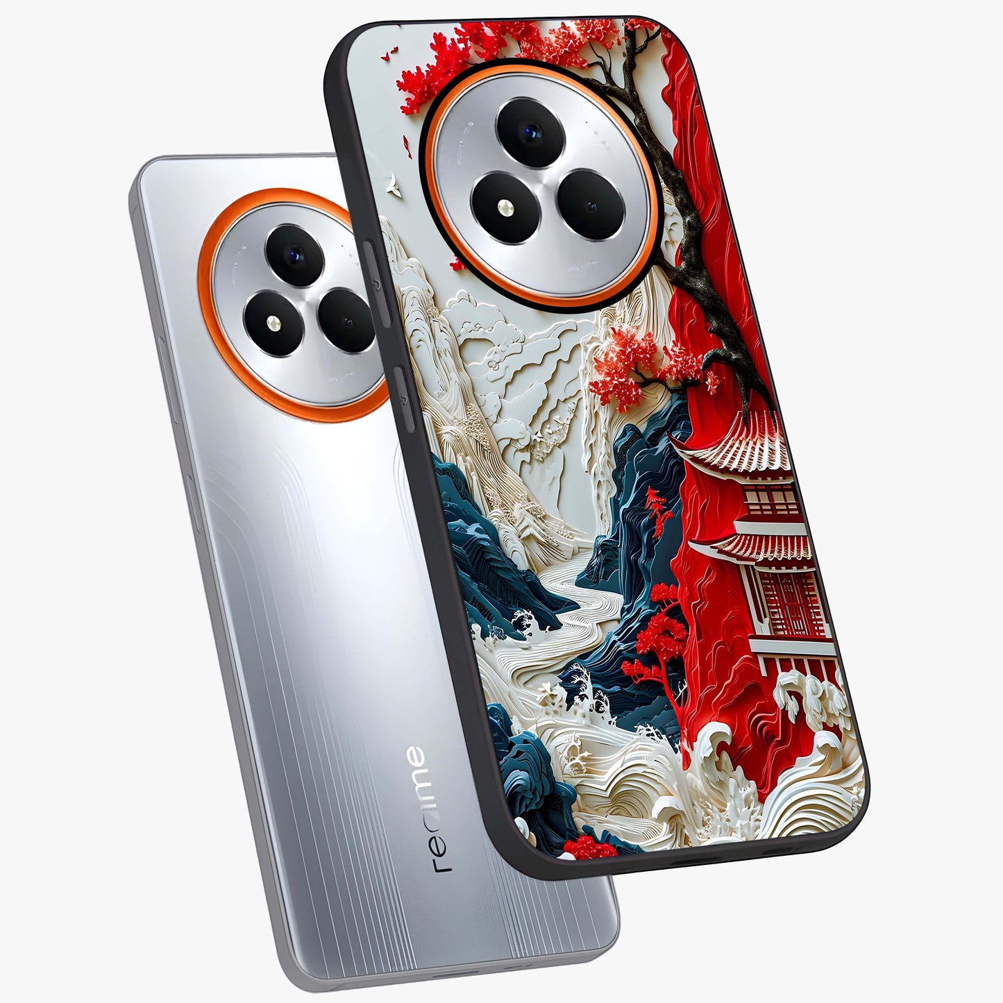 Whispers Of Sakura Waves Glass Case displayed in angled mockup highlighting flowing sakura design with soft floral aesthetic.