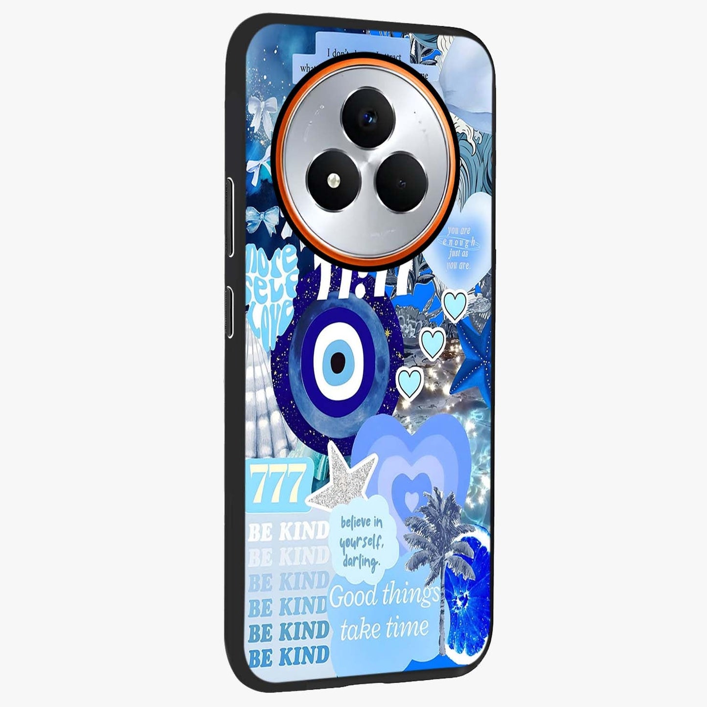 Aesthetic Be Kind Eye Glass Case upright view showcasing stylish eye illustration with positive message theme.