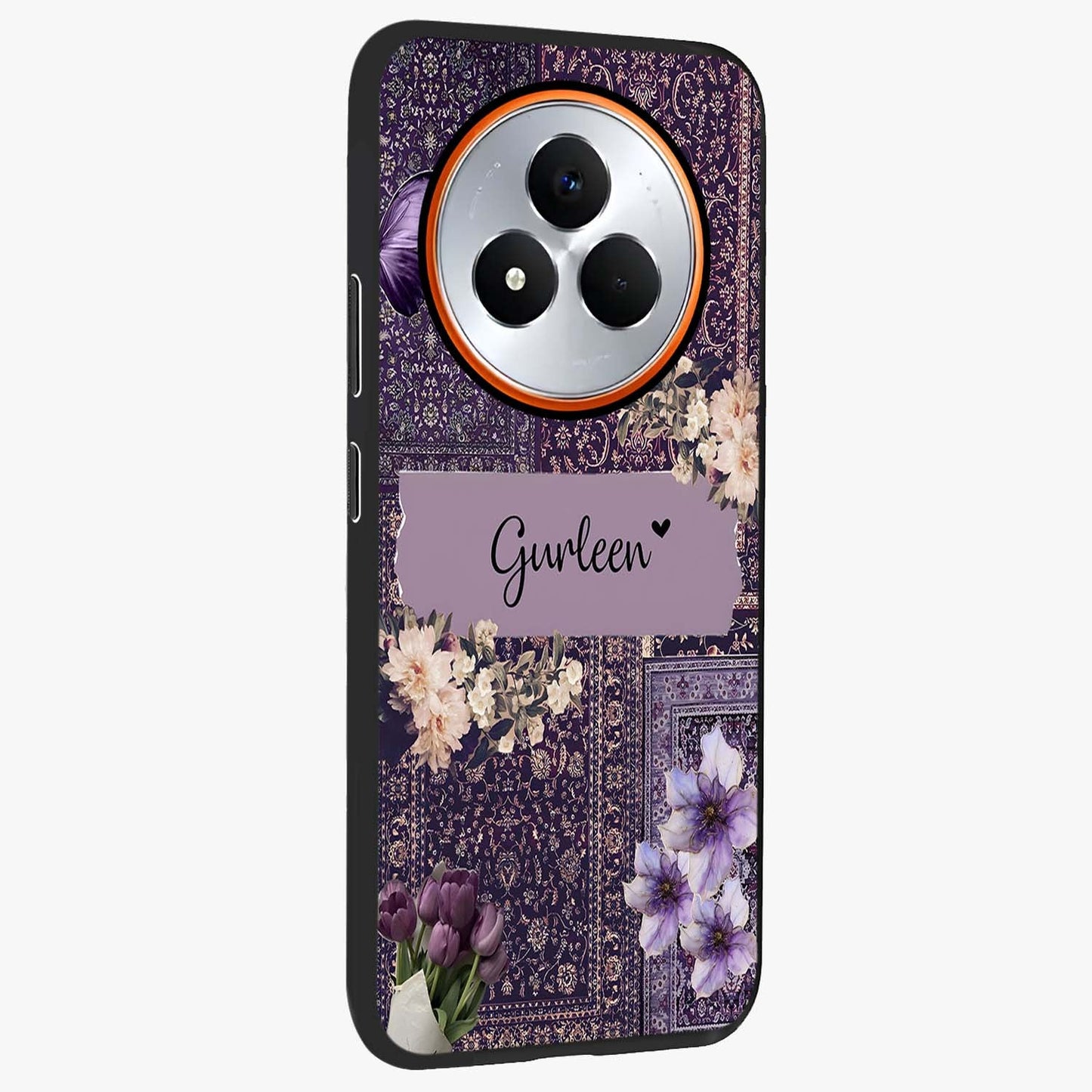 Antique Floral Whisper Custom Name Glass Case upright view showcasing delicate floral artwork with custom name feature.