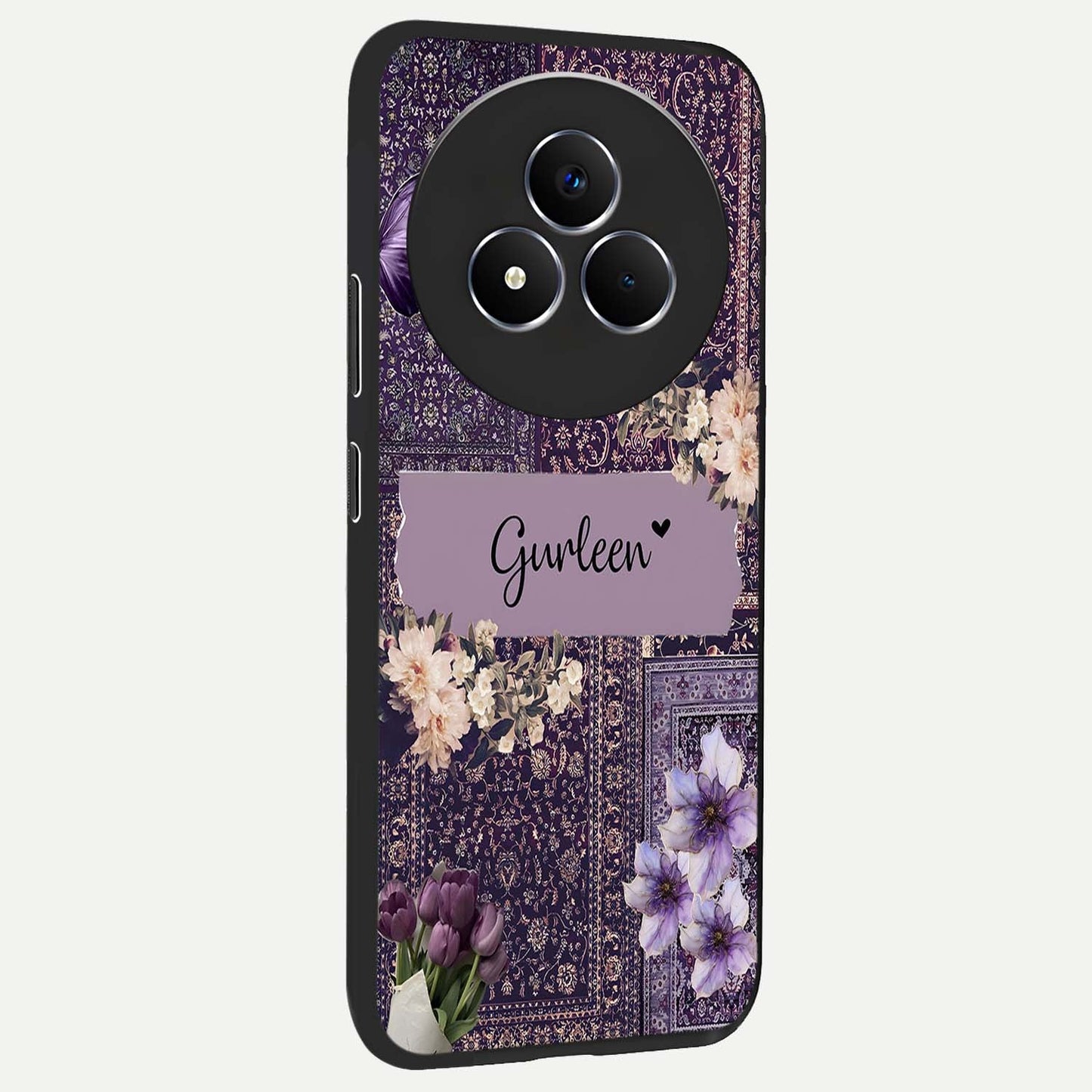 Antique Floral Whisper Custom Name Glass Case upright view showcasing delicate floral artwork with custom name feature.