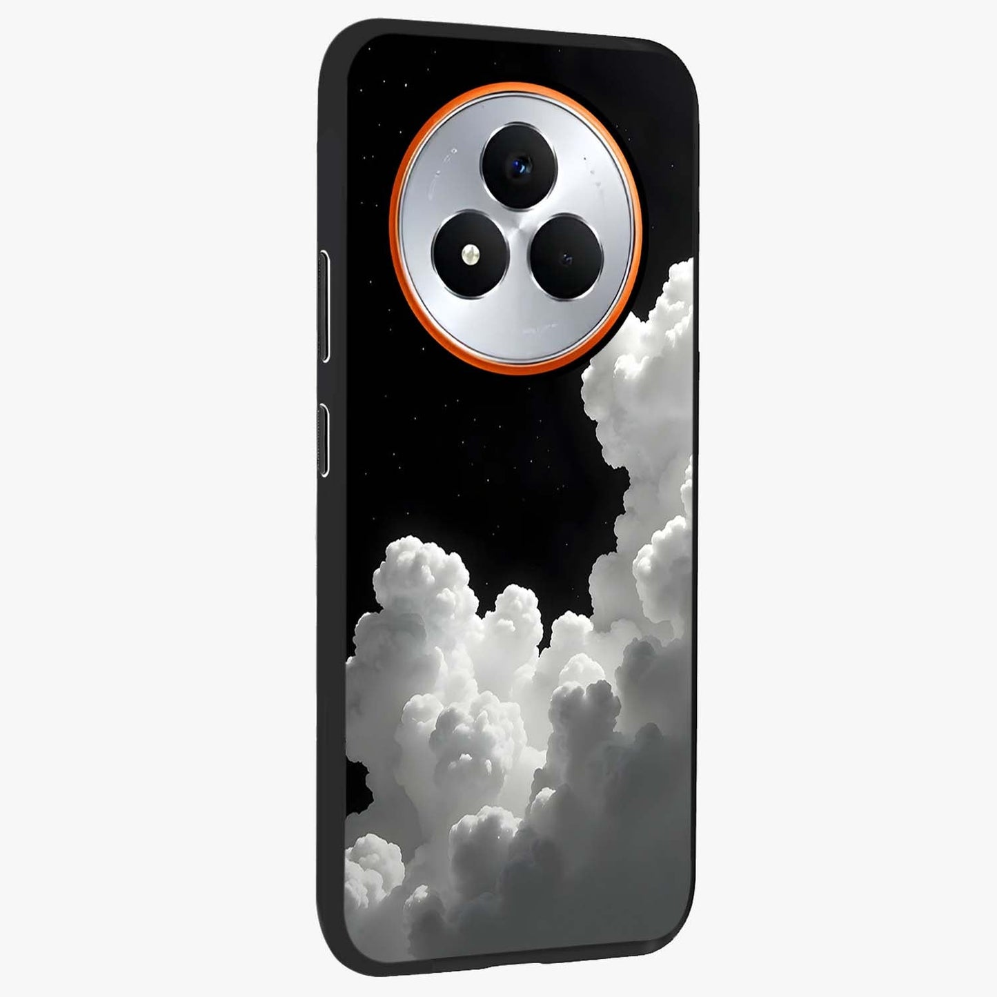 Black Background With White Cloud Glass Case upright view showcasing calm cloud aesthetic with modern minimal style.