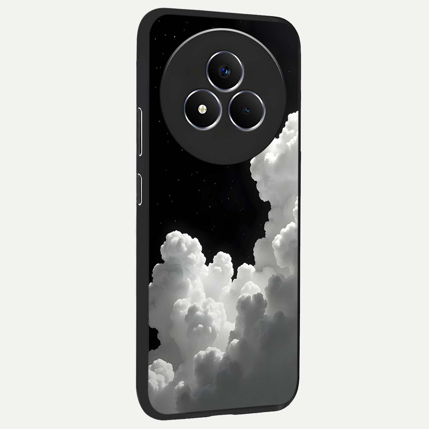 Black Background With White Cloud Glass Case upright view showcasing calm cloud aesthetic with modern minimal style.