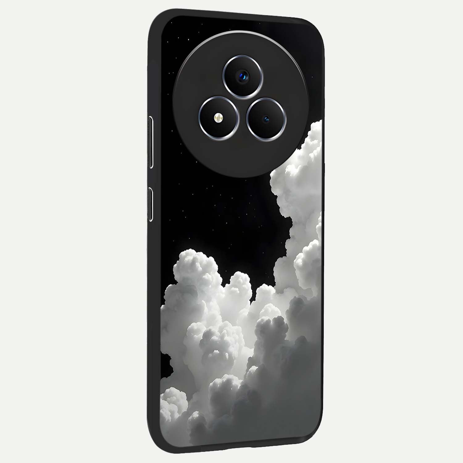Black Background With White Cloud Glass Case upright view showcasing calm cloud aesthetic with modern minimal style.