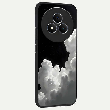Black Background With White Cloud Glass Case upright view showcasing calm cloud aesthetic with modern minimal style.