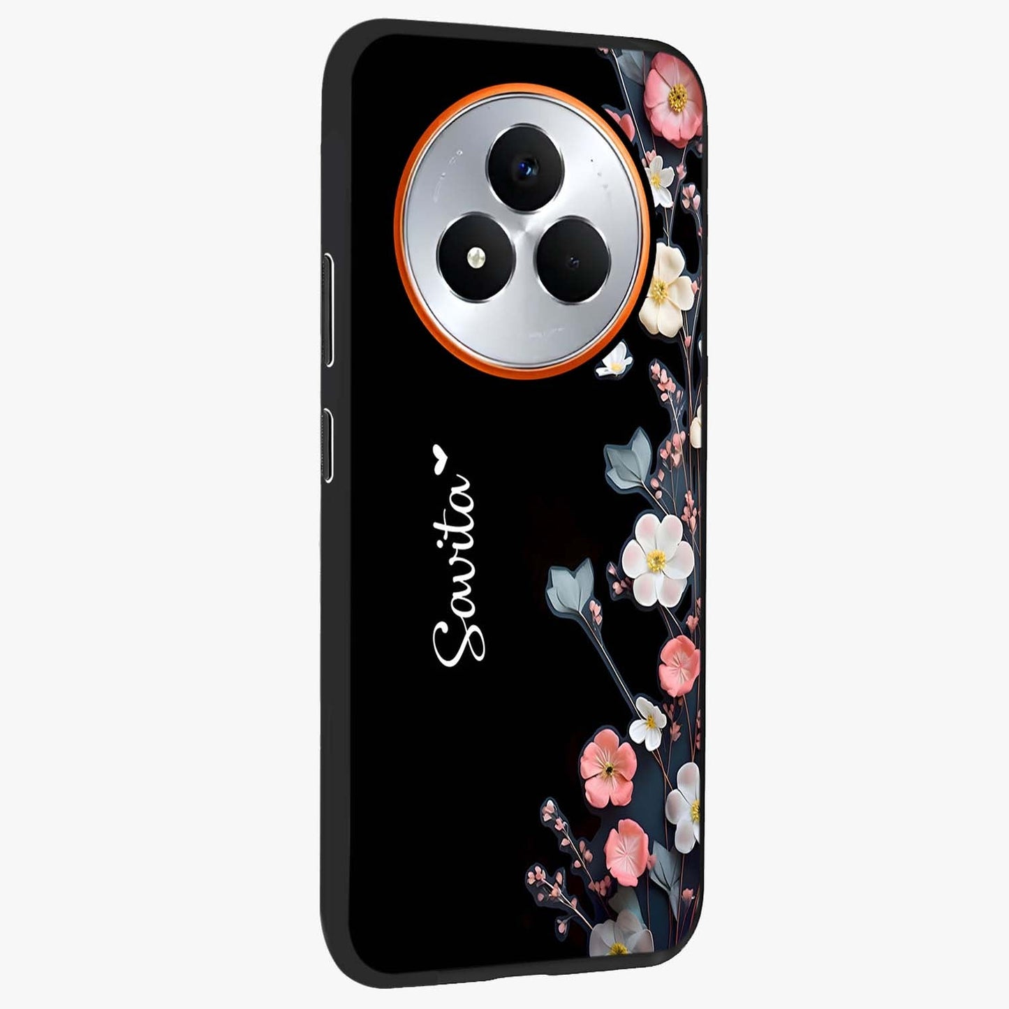 Black Elegance Floral Custom Name Glass Case upright view showcasing luxurious black floral design with personalized name detail.