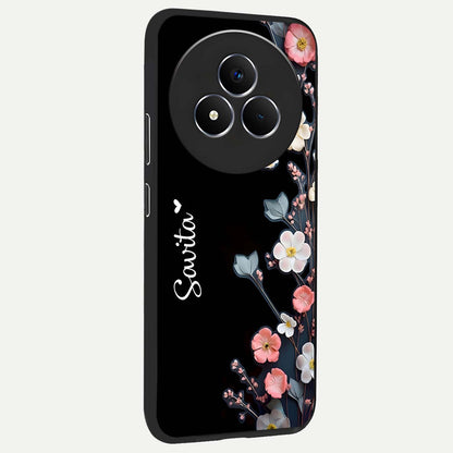 Black Elegance Floral Custom Name Glass Case upright view showcasing luxurious black floral design with personalized name detail.