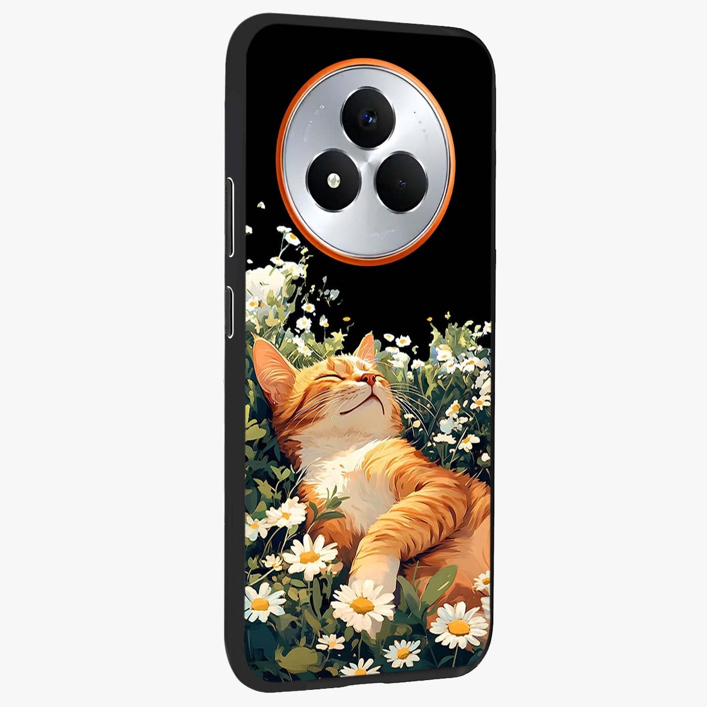 Blissful Bloom Cat Glass Case upright view showcasing charming cat design surrounded by blooming floral elements.