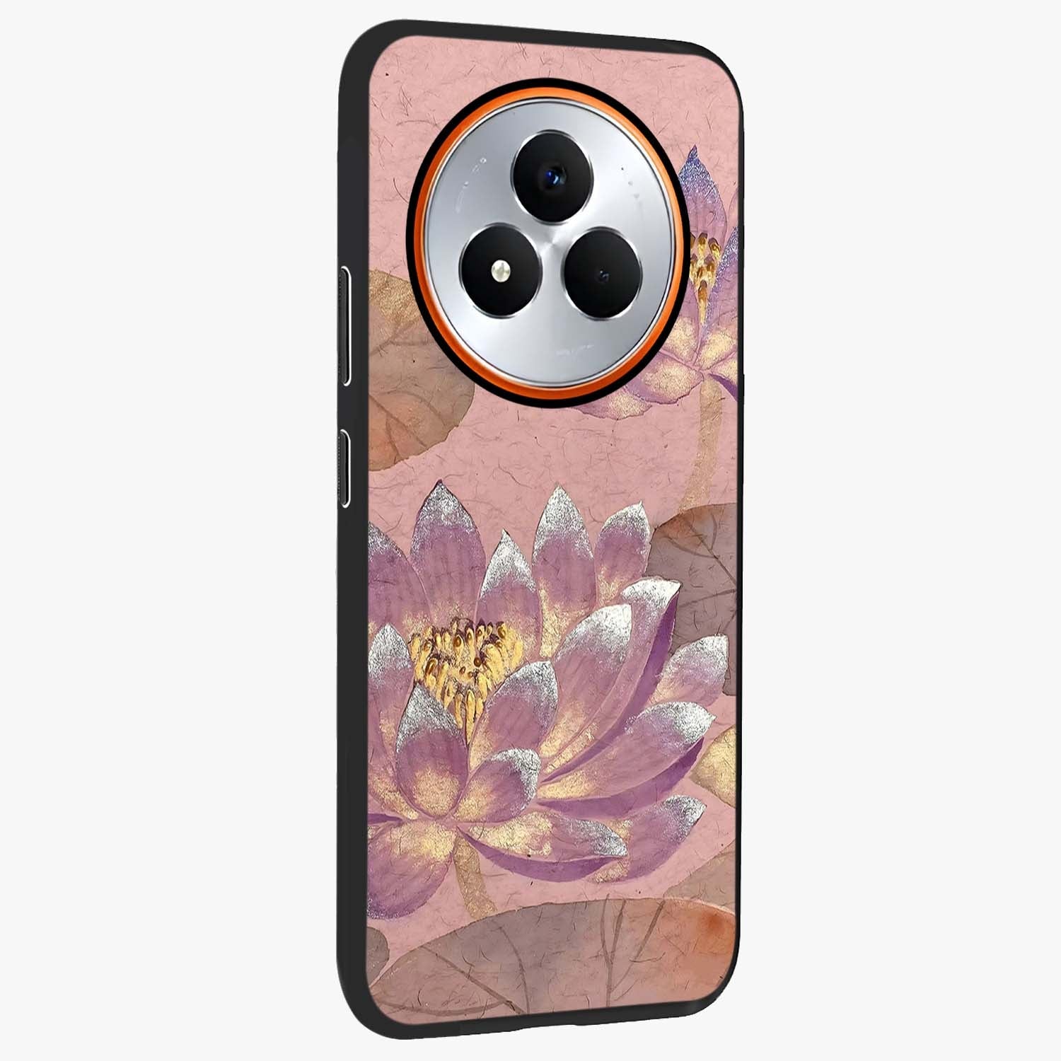 Blossom Mist Lotus Glass Case upright view showcasing graceful lotus flower design with peaceful botanical style.