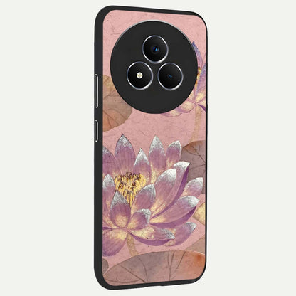 Blossom Mist Lotus Glass Case upright view showcasing graceful lotus flower design with peaceful botanical style.
